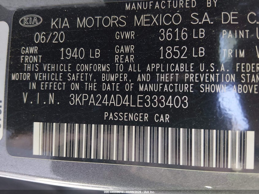 KIA RIO 2020 VIN 3KPA24AD4LE333403