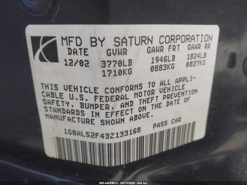 2003 Saturn Ion 3 VIN: 1G8AL52F43Z133168 Lot: 44559613