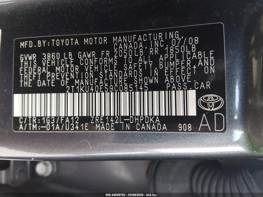 2009 Toyota Matrix VIN: 2T1KU40E59C085145 Lot: 44559793