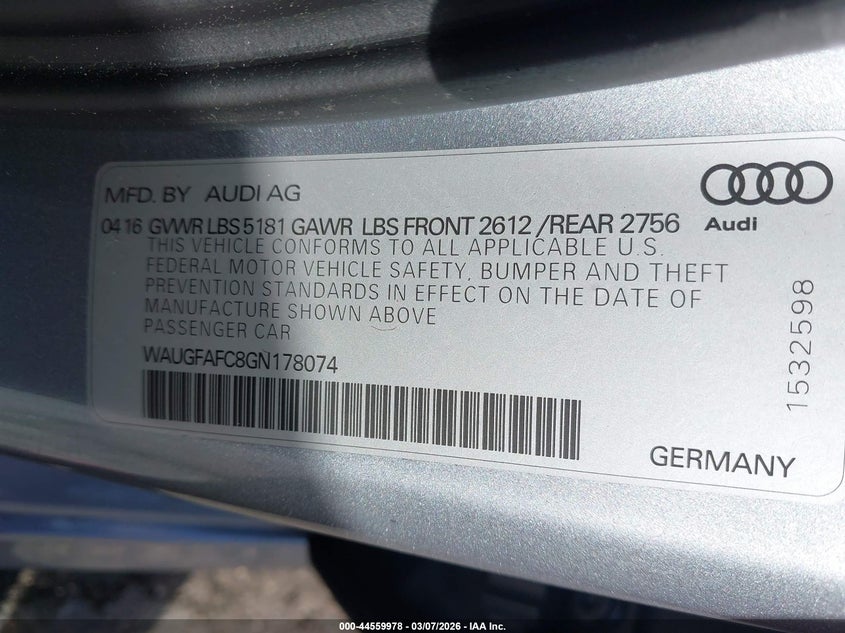 2016 Audi A6 2.0T Premium Plus VIN: WAUGFAFC8GN178074 Lot: 44559978