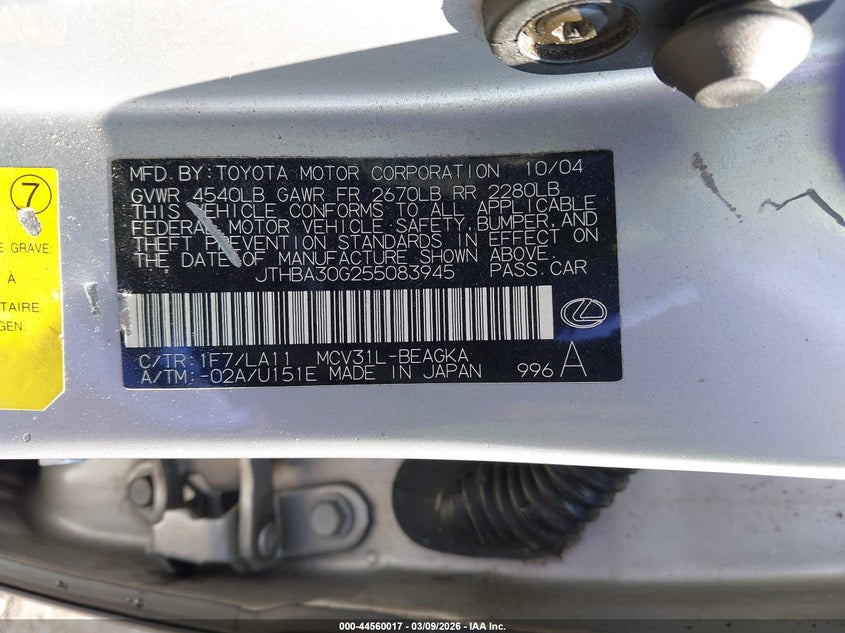 2005 Lexus Es 330 VIN: JTHBA30G255083945 Lot: 44560017