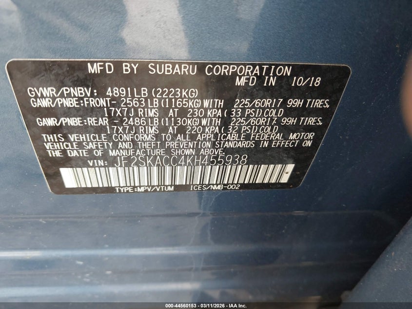 SUBARU FORESTER 2019 VIN JF2SKACC4KH455938