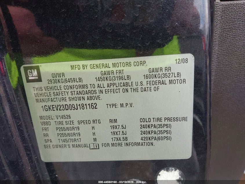 2009 GMC ACADIA SPORT UTILITY VEHICLE 3.6L V-6 DI, DOHC, VVT, 288HP