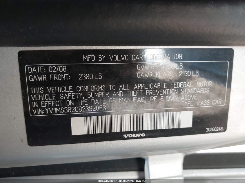 2008 Volvo S40 2.4I VIN: YV1MS382082392863 Lot: 44560257