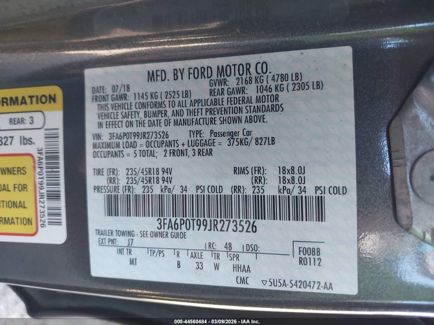 2018 Ford Fusion Se VIN: 3FA6P0T99JR273526 Lot: 44560484