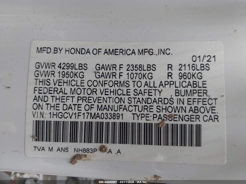 VIN 1HGCV1F17MA033891 2021 HONDA ACCORD LX