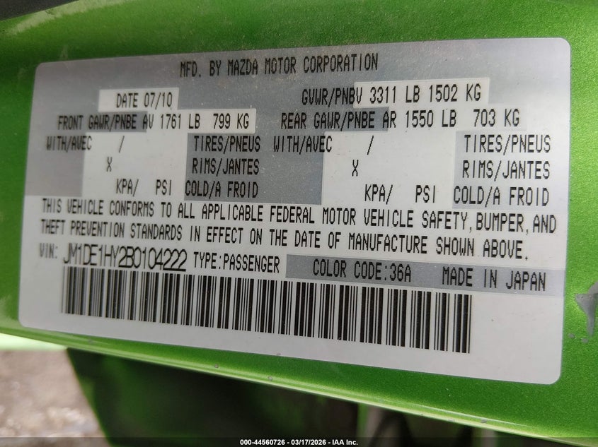 2011 Mazda Mazda2 Sport VIN: JM1DE1HY2B0104222 Lot: 44560726