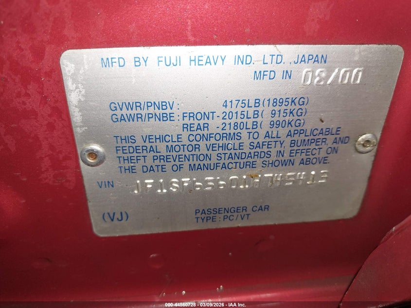 2001 Subaru Forester S VIN: JF1SF65601H745413 Lot: 44560728