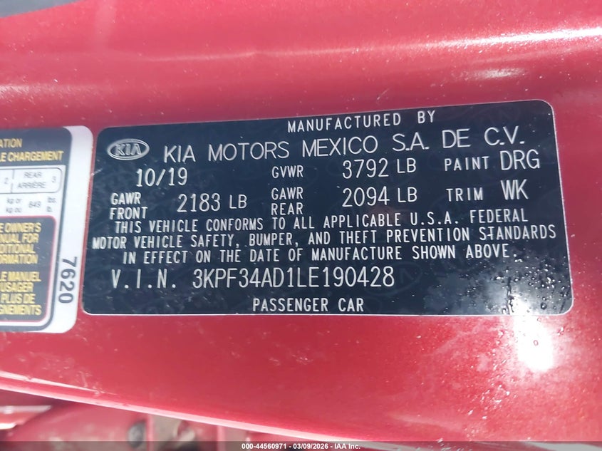 2020 Kia Forte Gt-Line VIN: 3KPF34AD1LE190428 Lot: 44560971
