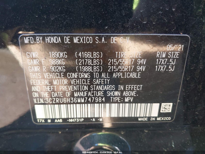 VIN 3CZRU6H36MM747984 2021 HONDA HR-V AWD LX