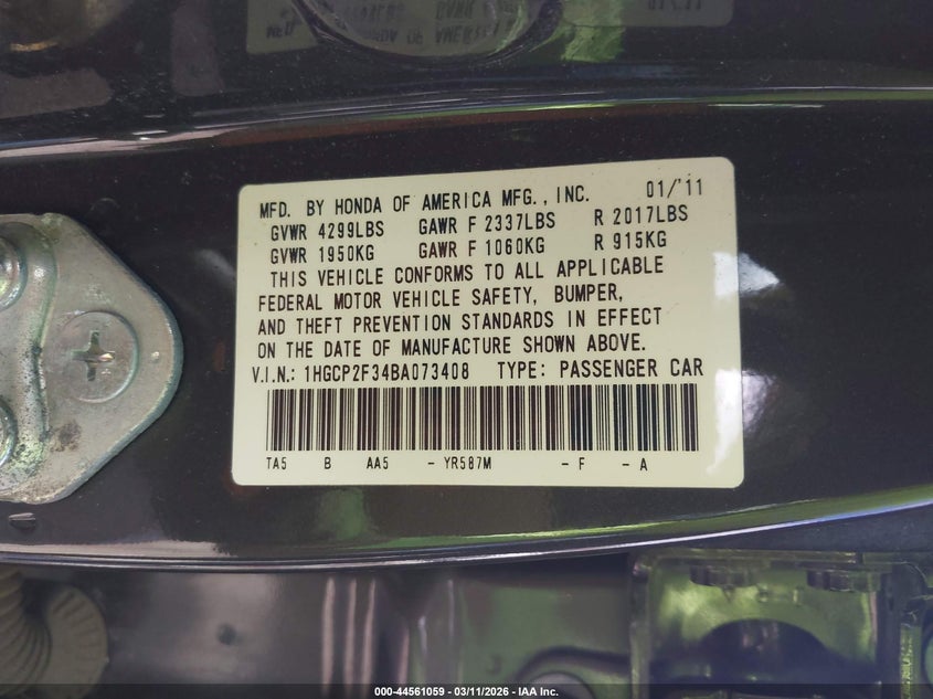 2011 Honda Accord 2.4 Lx VIN: 1HGCP2F34BA073408 Lot: 44561059