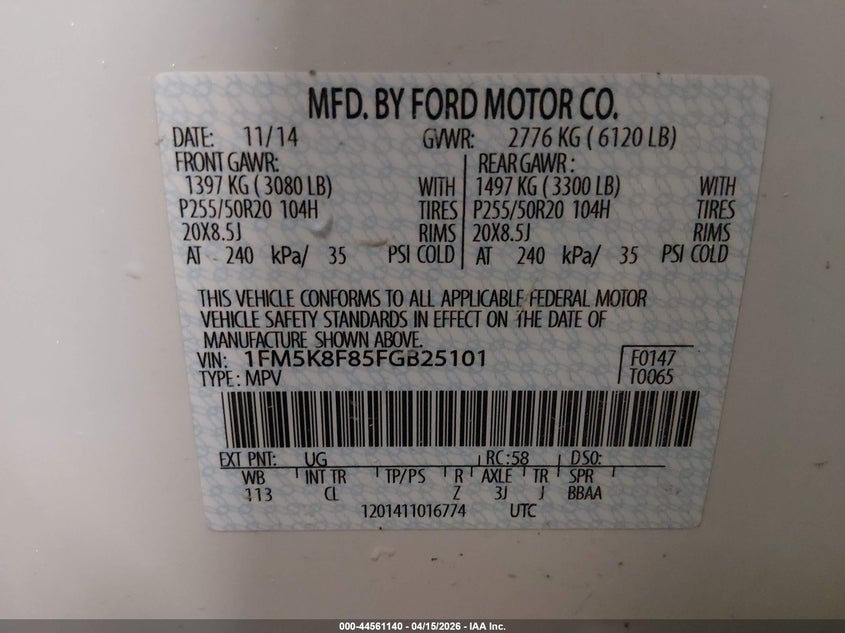 2015 Ford Explorer Limited VIN: 1FM5K8F85FGB25101 Lot: 44561140