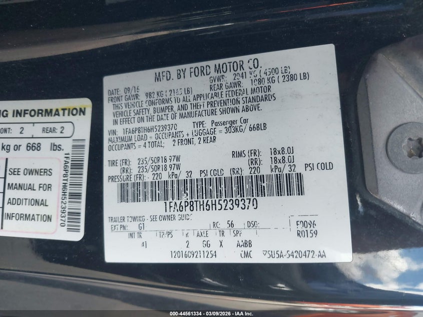 2017 Ford Mustang Ecoboost VIN: 1FA6P8TH6H5239370 Lot: 44561334