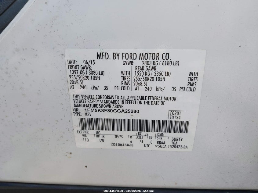 2016 Ford Explorer Limited VIN: 1FM5K8F80GGA25280 Lot: 44561400