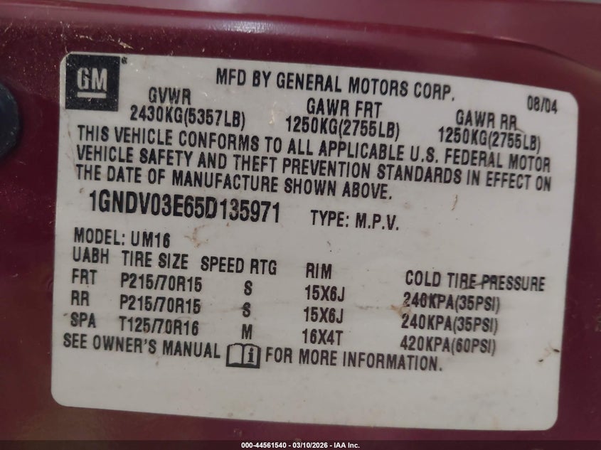 2005 Chevrolet Venture Plus VIN: 1GNDV03E65D135971 Lot: 44561540
