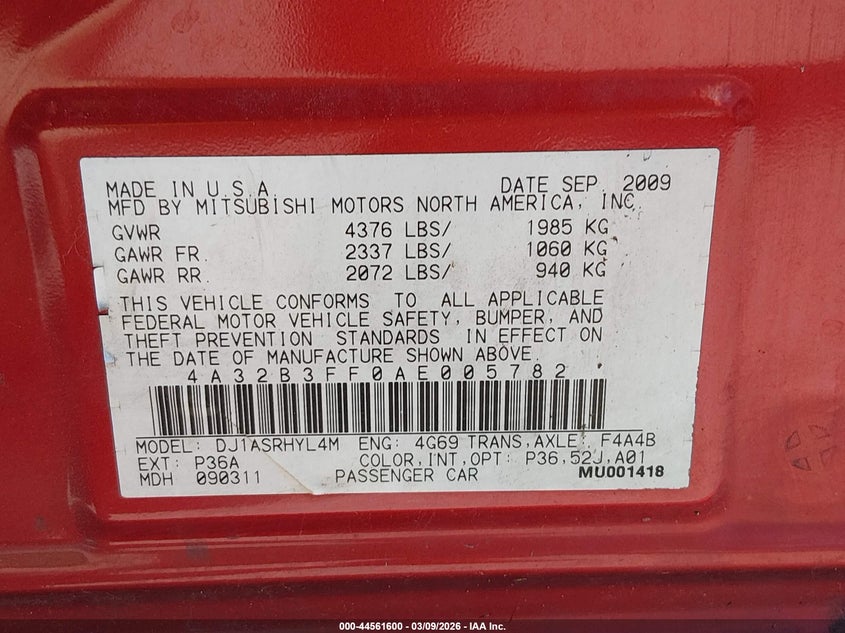 2010 Mitsubishi Galant Es/Se VIN: 4A32B3FF0AE005782 Lot: 44561600