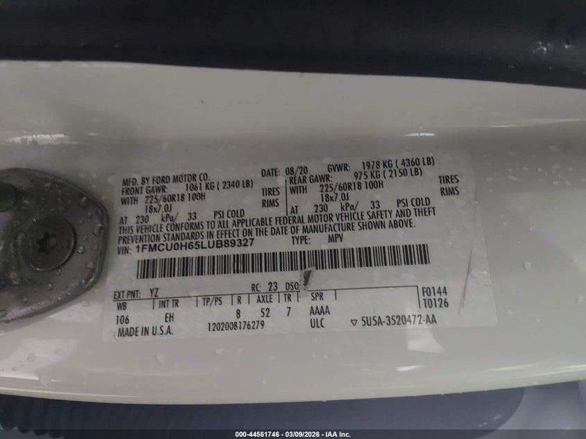 VIN 1FMCU0H65LUB89327 2020 FORD ESCAPE SEL