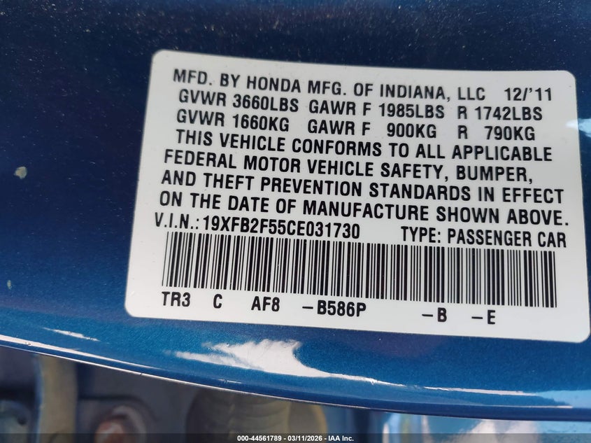 19XFB2F55CE031730 2012 Honda Civic 1.8 Lx blue