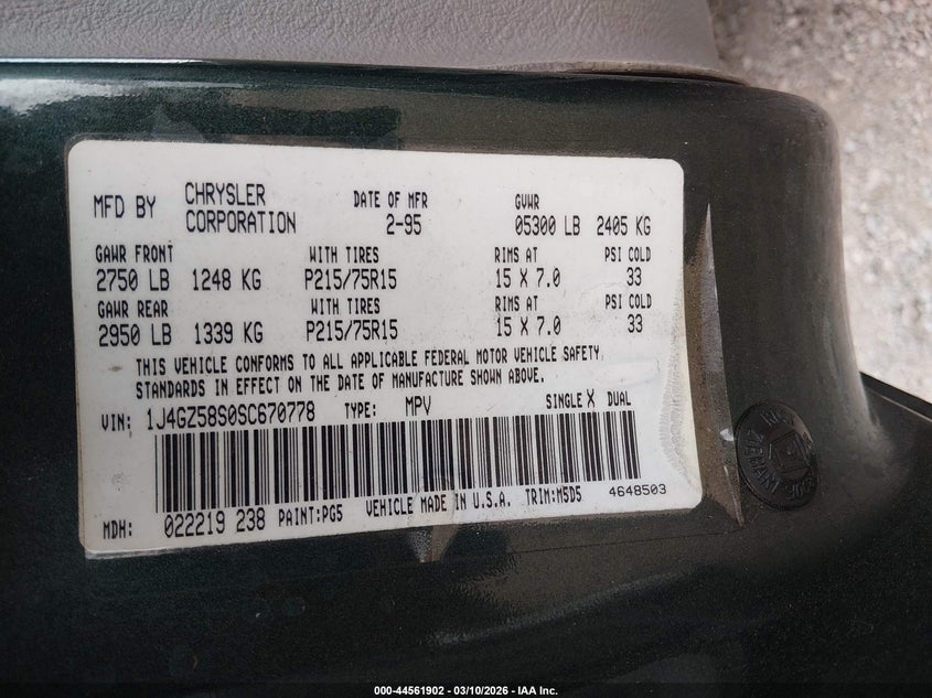 1995 Jeep Grand Cherokee Laredo VIN: 1J4GZ58S0SC670778 Lot: 44561902