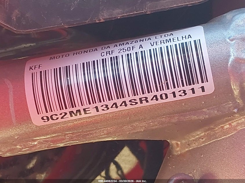 2025 Honda Crf250 F VIN: 9C2ME1344SR401311 Lot: 44562234