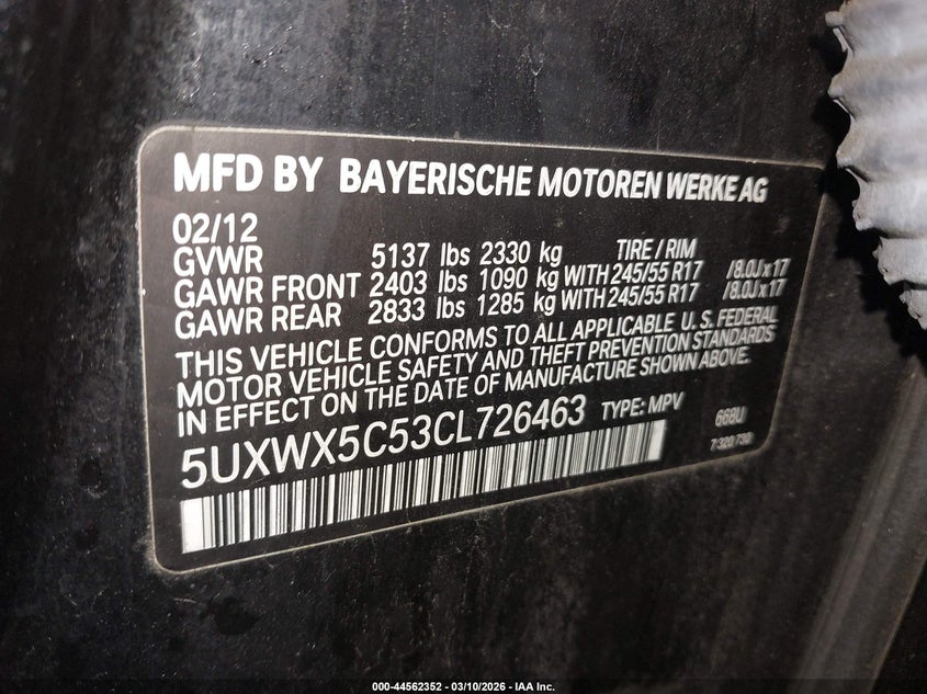 2012 BMW X3 xDrive28I VIN: 5UXWX5C53CL726463 Lot: 44562352