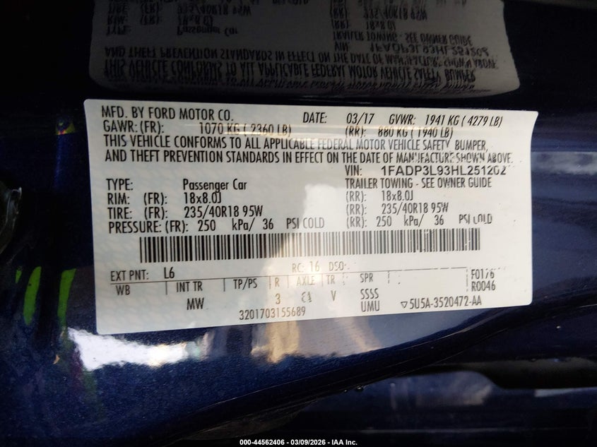 2017 Ford Focus St VIN: 1FADP3L93HL251202 Lot: 44562406