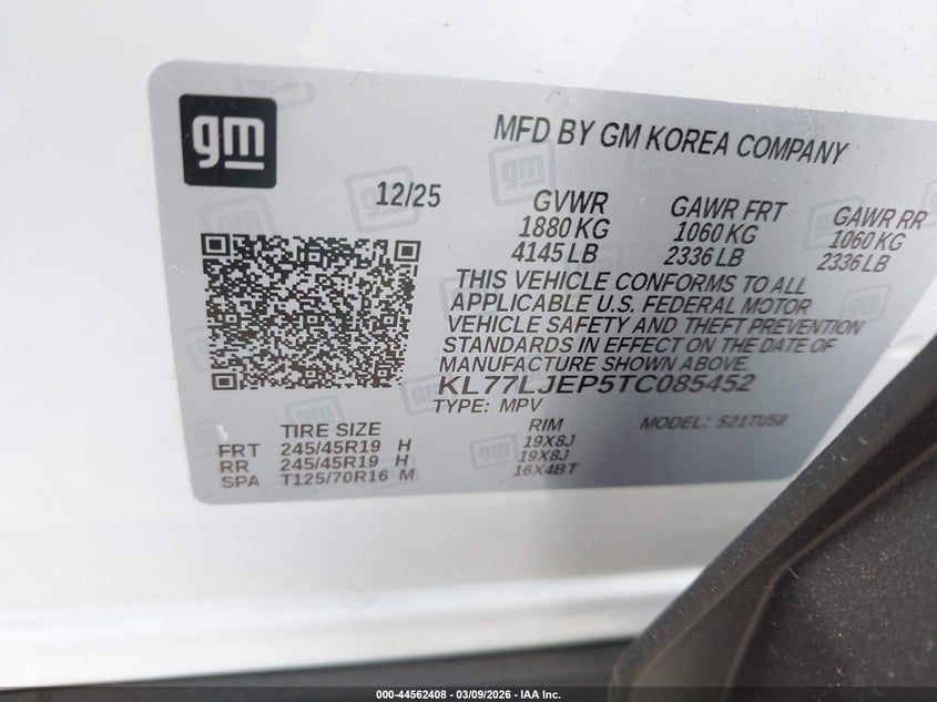 VIN KL77LJEP5TC085452 2026 CHEVROLET TRAX FWD 2RS