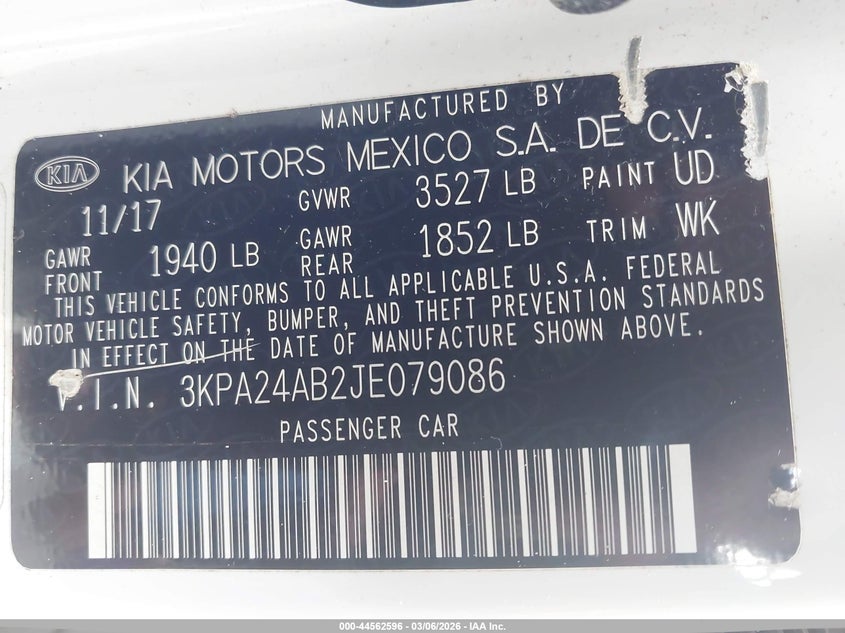 2018 KIA RIO SEDAN 1.6L I-4 DI, DOHC, VVT, 130HP