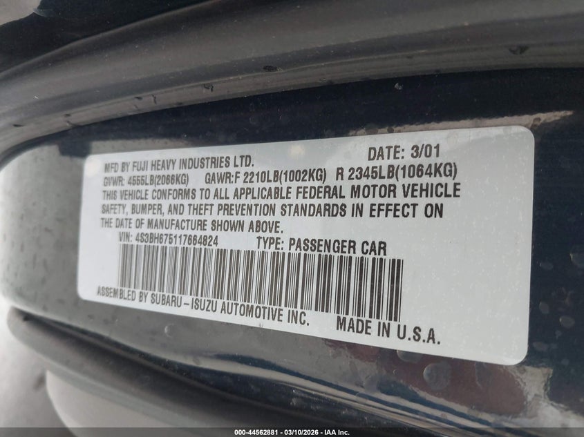 2001 Subaru Outback VIN: 4S3BH675117664824 Lot: 44562881