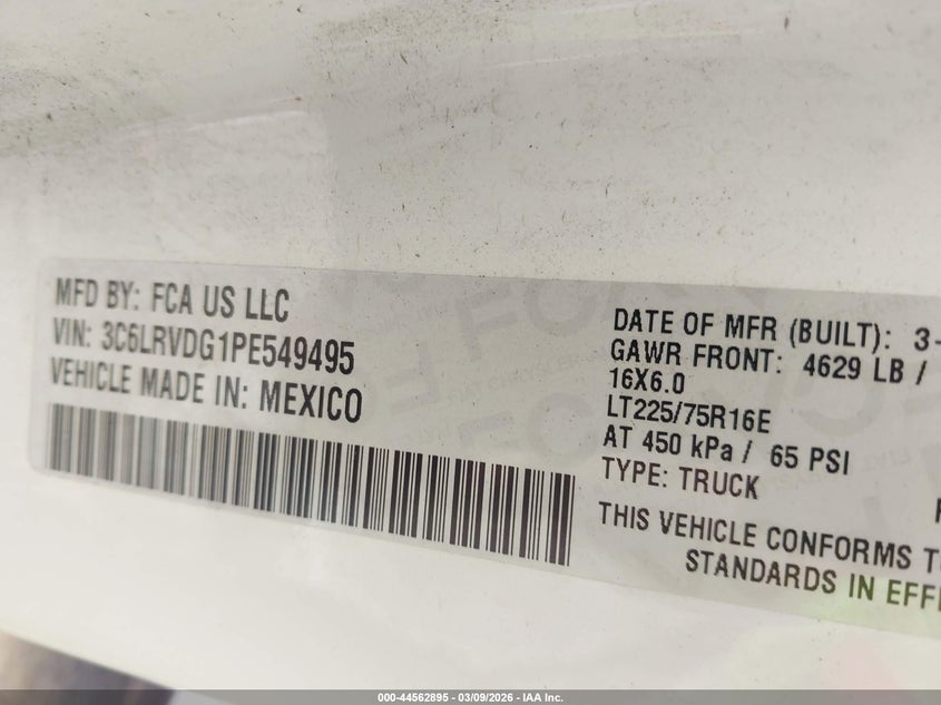 2023 Ram Promaster 2500 High Roof 159 Wb VIN: 3C6LRVDG1PE549495 Lot: 44562895