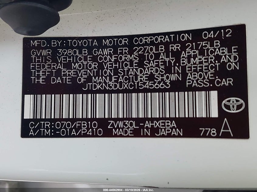 2012 Toyota Prius 1.8 Three white Lot 111044562904 Vin JTDKN3DUXC1545663