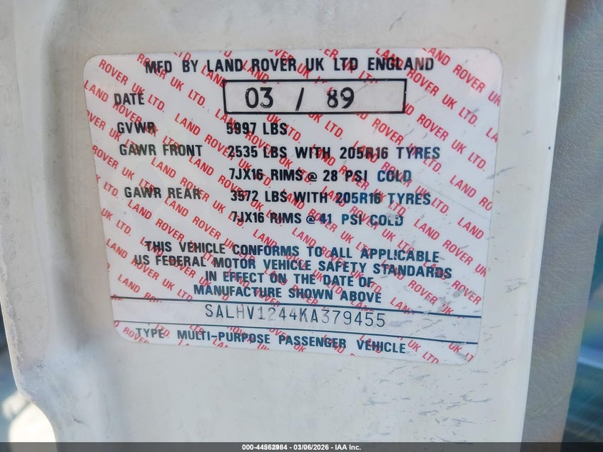 1989 Land Rover Range Rover VIN: SALHV1244KA379455 Lot: 44562984