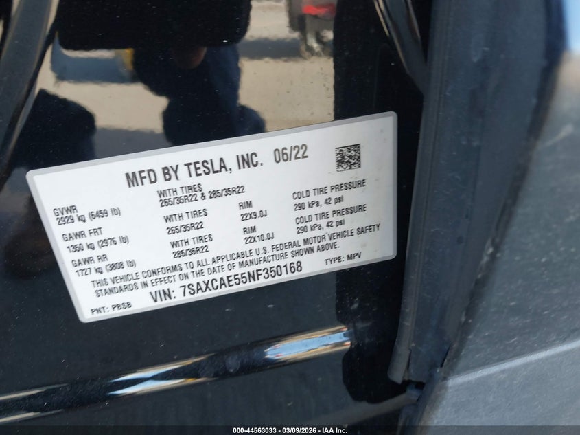 2022 Tesla Model X Dual Motor All-Wheel Drive VIN: 7SAXCAE55NF350168 Lot: 44563033