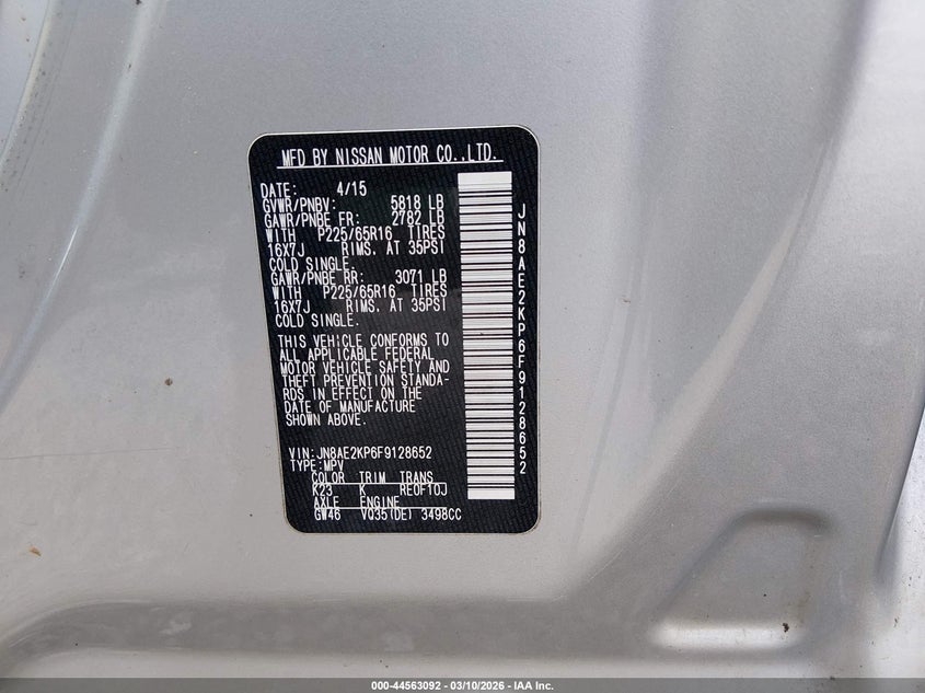 2015 Nissan Quest Sv VIN: JN8AE2KP6F9128652 Lot: 44563092