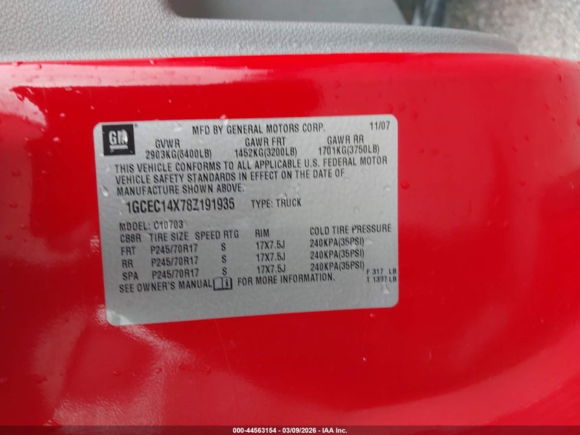 2008 Chevrolet Silverado 1500 Work Truck VIN: 1GCEC14X78Z191935 Lot: 44563154