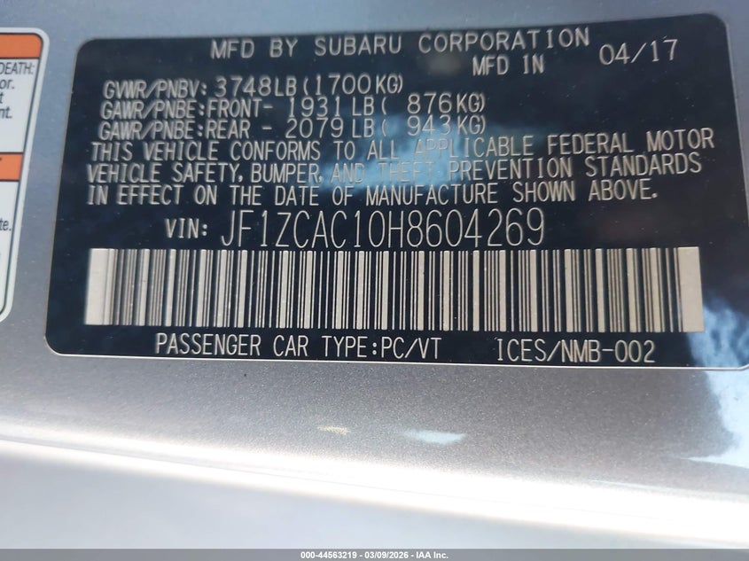 2017 Subaru Brz Limited VIN: JF1ZCAC10H8604269 Lot: 44563219