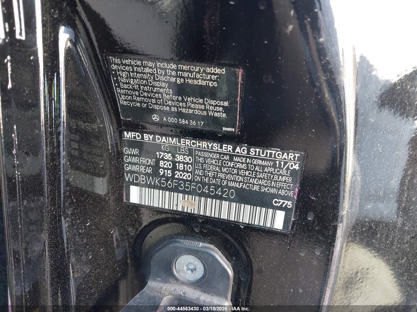 2005 Mercedes-Benz Slk 350 VIN: WDBWK56F35F045420 Lot: 44563430