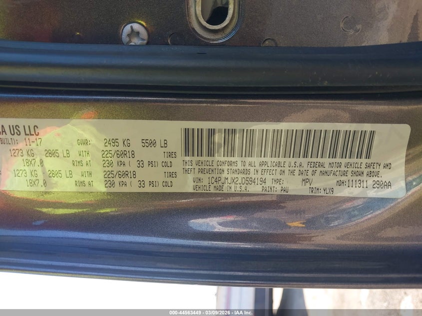 2018 Jeep Cherokee Overland 4X4 VIN: 1C4PJMJX2JD594194 Lot: 44563449