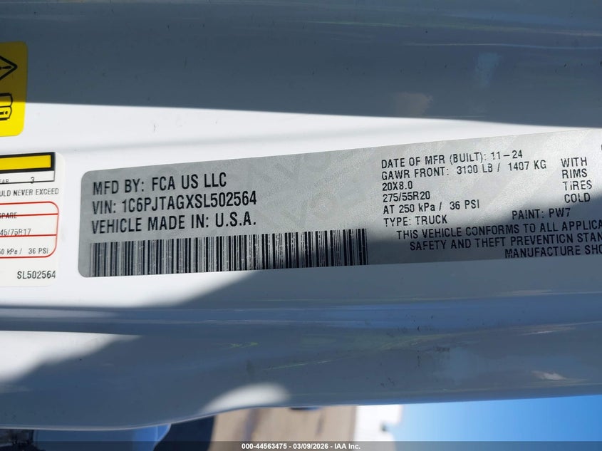 2025 Jeep Gladiator Nighthawk VIN: 1C6PJTAGXSL502564 Lot: 44563475