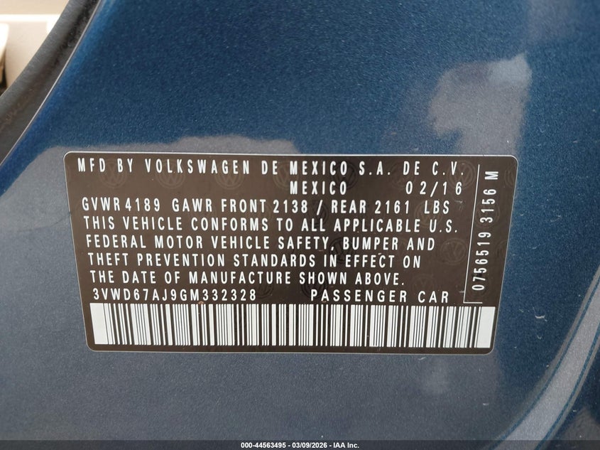 2016 Volkswagen Jetta 1.4T Se VIN: 3VWD67AJ9GM332328 Lot: 44563495