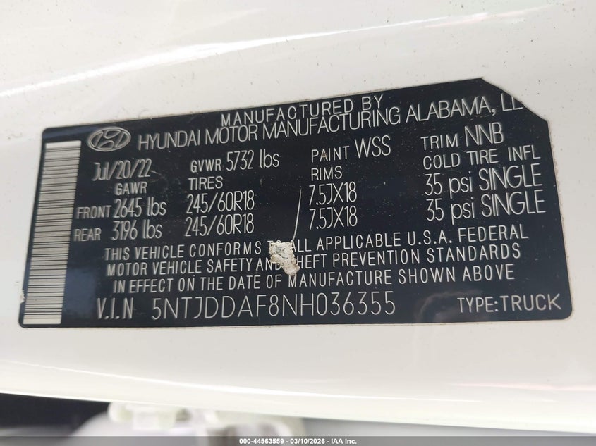 2022 Hyundai Santa Cruz Sel Premium VIN: 5NTJDDAF8NH036355 Lot: 44563559