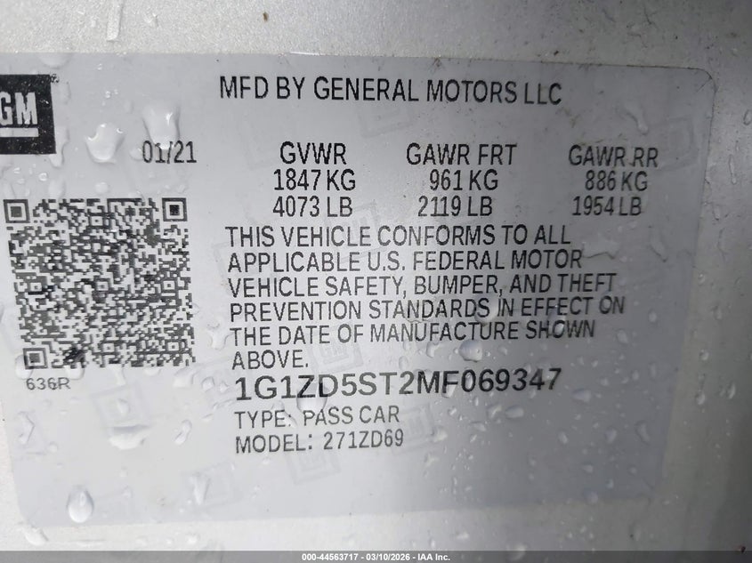 VIN 1G1ZD5ST2MF069347 2021 CHEVROLET MALIBU FWD LT