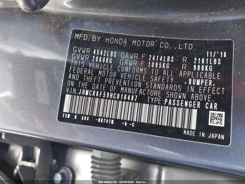 VIN JHMCR6F59HC016487 2017 HONDA ACCORD HYBRID EX-L