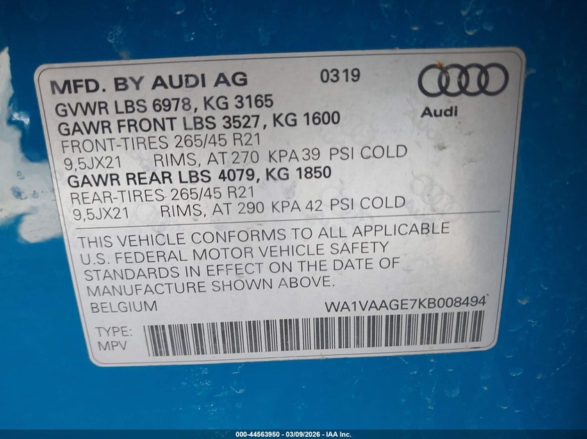 2019 Audi E-Tron Premium Plus VIN: WA1VAAGE7KB008494 Lot: 44563950
