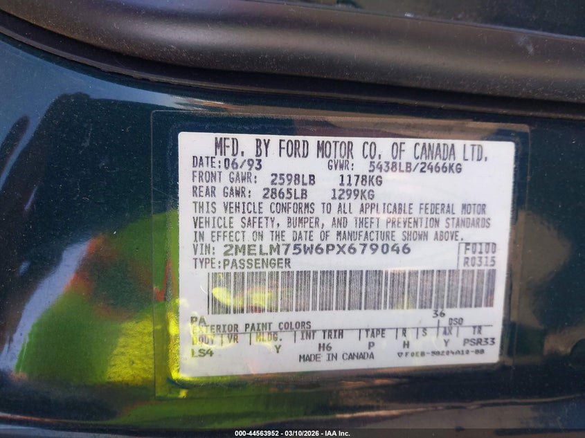 1993 Mercury Grand Marquis Ls VIN: 2MELM75W6PX679046 Lot: 44563952