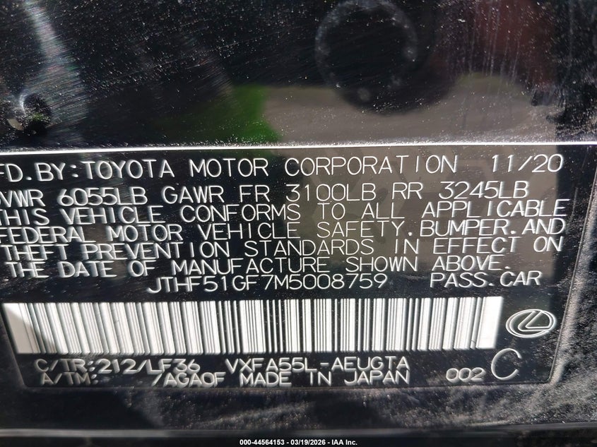 2021 Lexus Ls 500 F Sport VIN: JTHF51GF7M5008759 Lot: 44564153