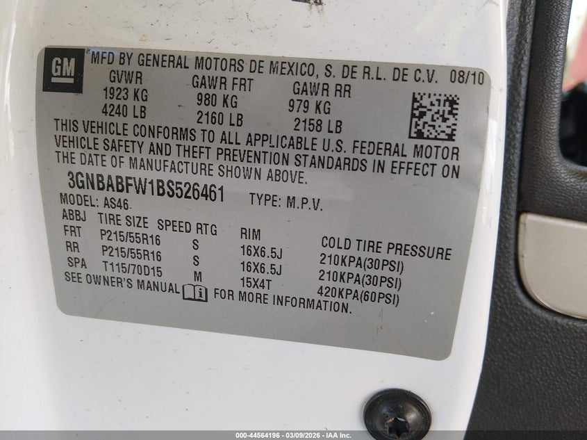 2011 Chevrolet Hhr Lt VIN: 3GNBABFW1BS526461 Lot: 44564196