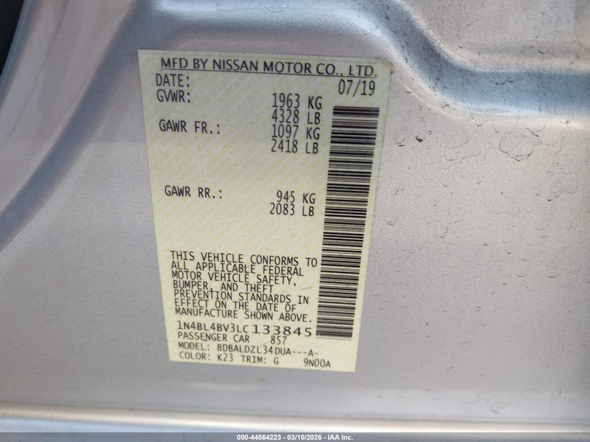 VIN 1N4BL4BV3LC133845 2020 NISSAN ALTIMA S FWD