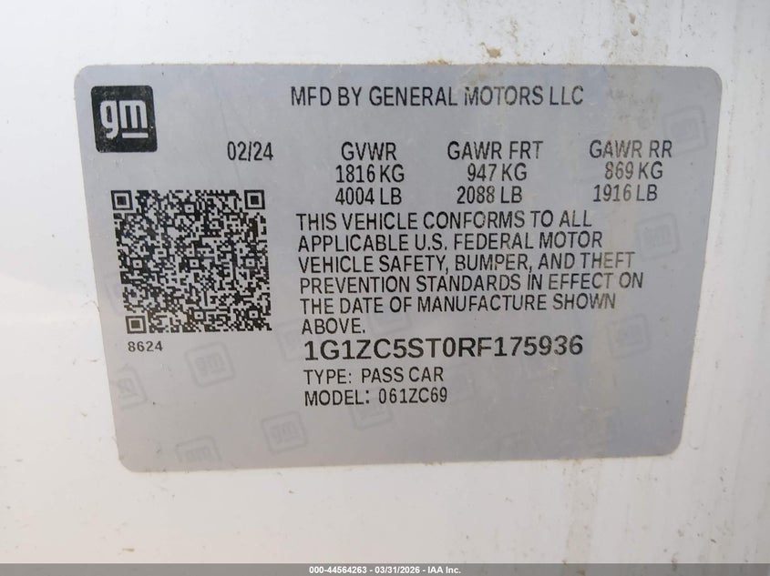 VIN 1G1ZC5ST0RF175936 2024 CHEVROLET MALIBU FWD 1FL