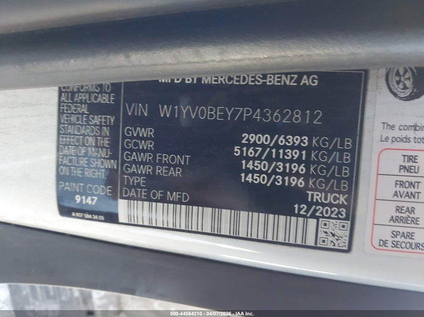 2023 Mercedes-Benz Metris VIN: W1YV0BEY7P4362812 Lot: 44564310